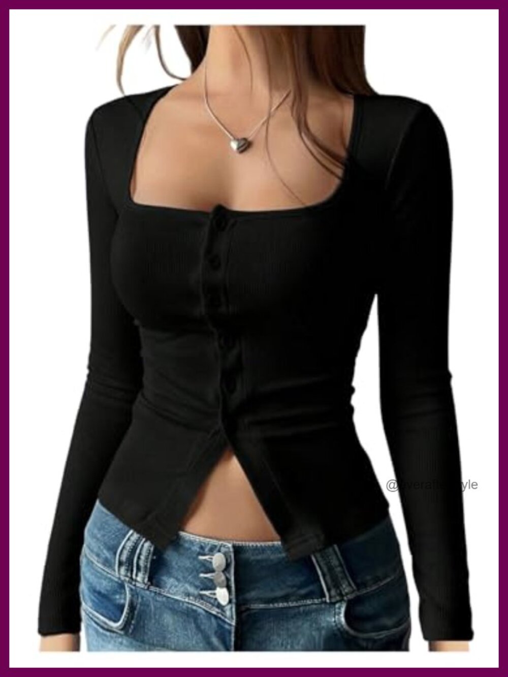 Viscose Ribbed Square Neck Long Sleeve Button Down Split Crop Top